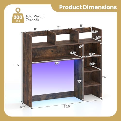 BECOMFORT Desk Hutch with LED Lights, Desk Organizer Shelf w/ 8 Storage Compartments, up to 25” Monitor, Wooden Display Rack, Desktop Bookshelf for Vanity Dressing Tabletop College Dorm Home & Office - Image 2