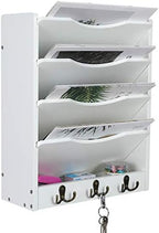 PAG-Mass 5-Tier Wall File Holder Hanging Mail Organizer Wood Magazine Literature Rack with 6 Hooks, White - Image 3