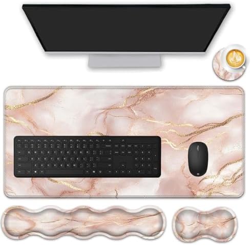 Mouse Pad Set,(31.5×11.8 in) Desk Pad + Keyboard Wrist Rest Support + Mouse Wrist Rest + Coaster for Office,Home,Computer,Laptop - 4 Rose Gold Marble by FGDRFGRW