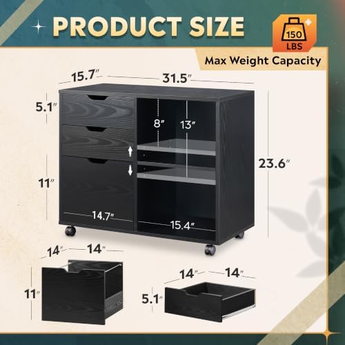 DEVAISE 3-Drawer Wood File Cabinet, Mobile Lateral Filing Cabinet, Printer Stand with Open Storage Shelves for Home Office, Black - Image 3
