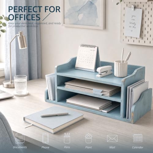 Wood Desk Organizer:File Organizer with 3-Tier Shelf for Office Desk, Blue - Image 5