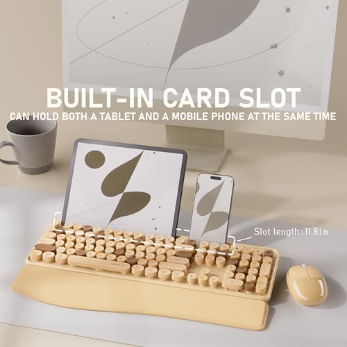 UBOTIE Wireless Keyboard and Mouse Combo, Phone Holder (Milk-Tea) - Image 2