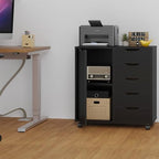 Panana 5-Drawer Chest with 1 Door, Wooden Chest of Drawers Storage Dresser Cabinet with Wheels, Office Organization and Storage, Bedroom Furniture (Black-S) - Image 2