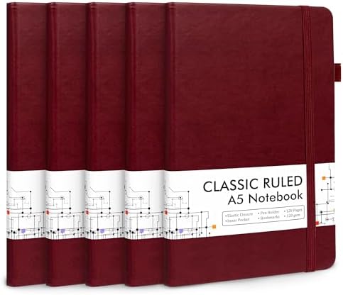 feela 5 Pack Journal Notebook Bulk for School, Hardcover Business Notebooks Classic Ruled Lined Journals with Pen Holder for Work Note Taking, with 5 Black Pens, 120 GSM, 5.1”x8.3”, A5, Wine by feela