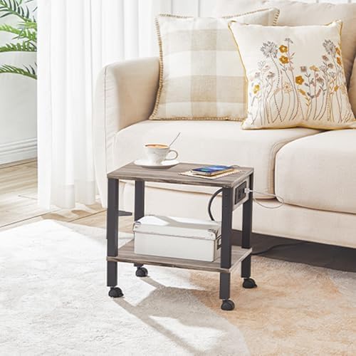 HOOBRO 2-Tier Printer Stand with Charging Station, Under Desk Printer Table, Printer Cart with Storage Shelves, Shelf for Small Spaces, for Home Office, Greige and Black BG38UPS01 - Image 5