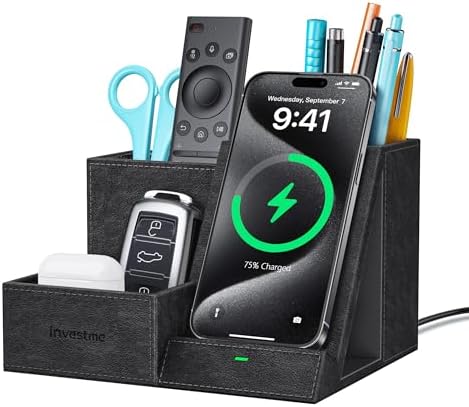 Wireless Charger with Desk Organizer, 3 Compartments and 1 Phone Stand by Investme