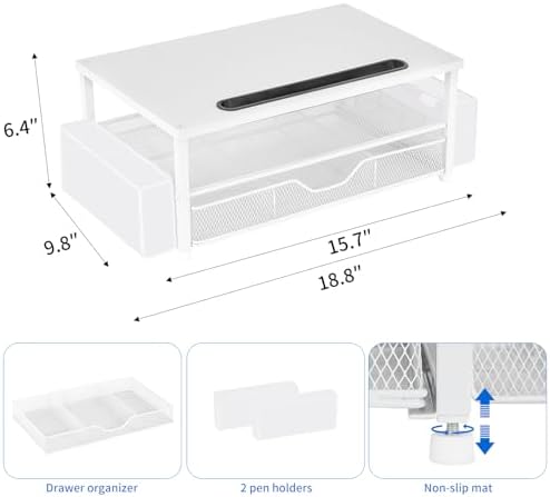 AUPSEN White Monitor Stand Riser, 2-Tier Wood Computer Desk Organizer with Drawer, Pen Storage & Phone Holder, Office Desk Accessories Desktop Organizer for Office Supplies (White) - Image 7