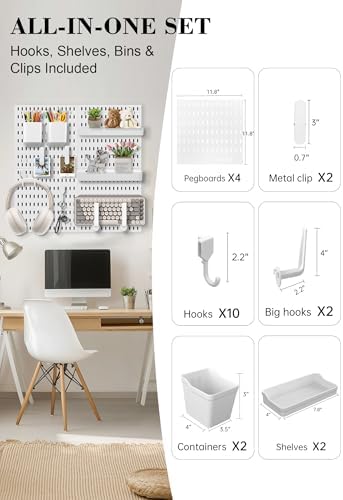 Pegboard Wall Organizer Set – 4 Peg Boards with Hooks & Shelves – Office, Kitchen, Gaming Room Desk Pegboard Storage – Peg Board Wall Display Rack (White) - Image 2