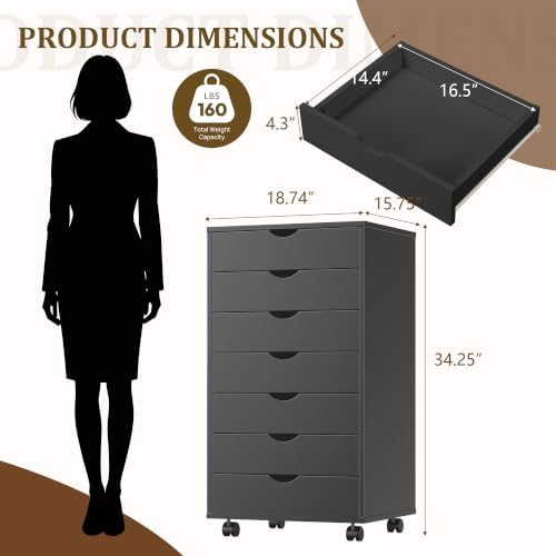 7 Drawer Office Storage Cabinet, Rolling File Cabinet for Office, Black - Image 3