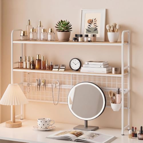 VECELO White 2-Tier Desktop Bookshelf, Metal Desk Hutch with Grid Panel, 45.3 Inch Wide Countertop Storage Organizer for Bedroom & Dorm by VECELO
