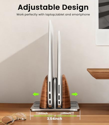 LOXP Vertical Laptop Stand, Dual Slot Wooden + Aluminum Laptop Holder - Image 3