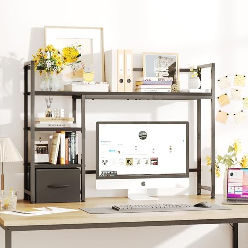 Desk Shelf with Drawer, 41.3" Desktop Organizer Shelf, Desk Hutch for Computer Monitor Max 32", 3 Tier Desktop Display Rack, Wooden Desk Top Bookshelf Storage Rack for Home Office Dorm, Black - Image 2