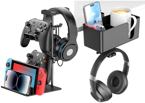 KDD Headphone Stand & Controller Holder & 4 in 1 Desk Cup Holder - Clamp on Under Desk Headphone Hanger by KDD