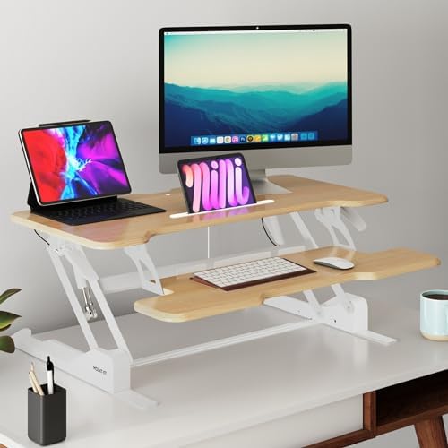 Mount-It! Height Adjustable Standing Desk Converter, 38” Wide, Desk Riser for 2 Monitors, Manual Gas Spring Sit Stand Desktop Raises to 16.9", Fits Two Monitor Screens with Keyboard Mouse Tray Maple - Image 2