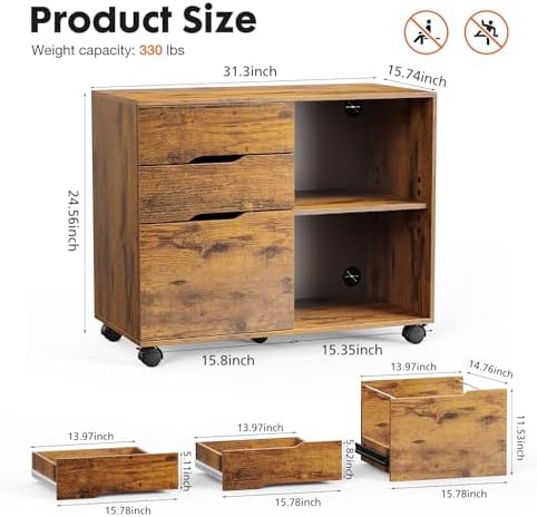 Simple Deluxe 3 Drawer Rolling File Cabinet, Wood Printer Stand with Adjustable Shelf for Home Office Study Organizatiom, Brown - Image 2