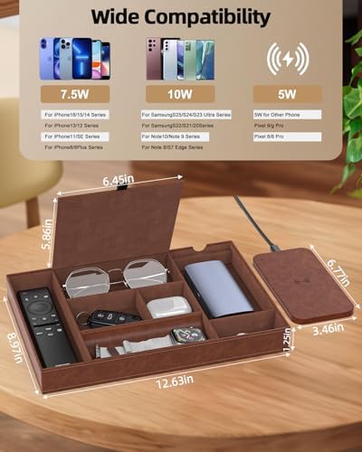 Leather Valet Tray with Wireless Charging Pad - Luxury EDC Nightstand Organizer for Men - Premium Desk Tray for Phone, Watch, Glasses & Keys - Sleek Office Desk Accessories & Gift for Him, Brown - Image 2
