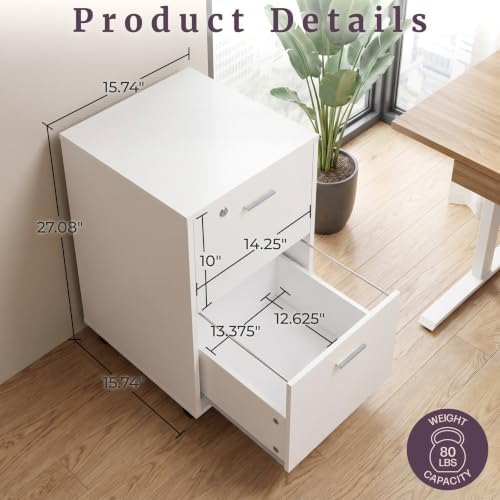 Lavish Home 2-Drawer Wooden File Cabinet with Lock, White, 16” x 27” - Image 2