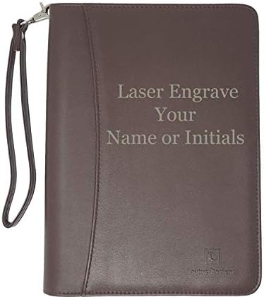 Customized Dark Brown Zippered Portfolio Binder with Junior Legal 5x8 Notepad - Engraved PU Leather Business Padfolio Organizer Folder with 8" Tablet Sleeve & Gift Box by Lautus Designs by LautusDesigns