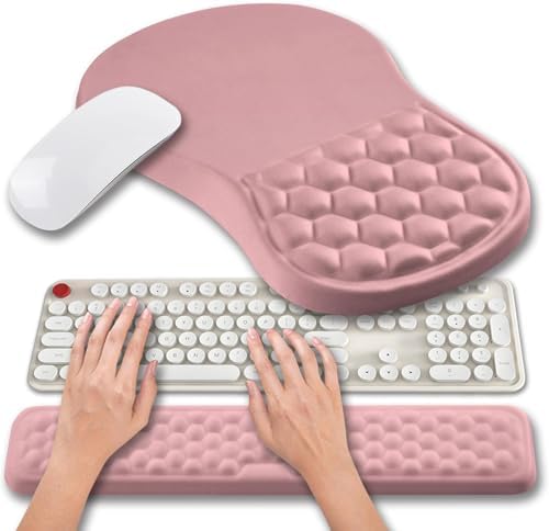 Hokafenle 2 in 1 Ergonomic Mouse Pad Wrist Support & Wrist Rest for Computer Keyboard Set, with Relieve Carpal Tunnel Pain Massage Bulge and Full Memory Gel Design (2In1 Set, Pink) by Hokafenle