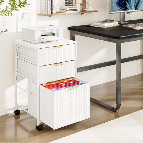 VINGLI 3 Drawer Fluted File Cabinet, Rolling File Cabinet Mobile Under Desk File Cabinet with Wheels, Fabric Drawers Printer Stand for Home Office, Fits Letter Size, White - Image 2