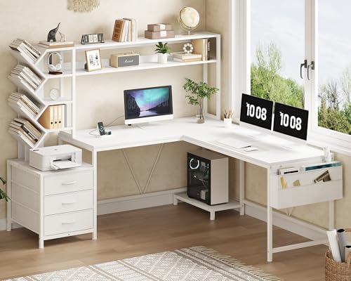 63" L Shaped Desk with Bookshelf, Drawers and Hutch for Home Office - Image 3