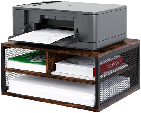 2 Tier Printer Stand with Storage, Wooden Printer Shelf with Metal Frame, Desktop Paper Organizer for Home Office, Multi-Functional Desk Rack for Fax Scanner, Brown by Unknown