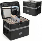 Calenzana Vinyl Record Storage Box with Lock, Fireproof Water Resistant Record Organizer for 150+ Single Records 12-inch, Collapsible Crate Box for Valuable Album, 16.7'' x 13.2'' x 13.4'' by Calenzana