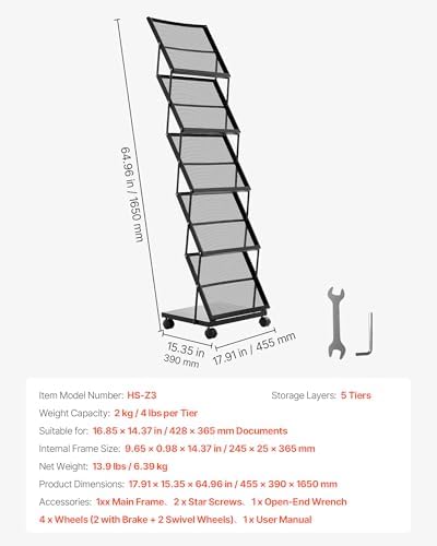 VEVOR Brochure Display Rack, Foldable 5 Pockets Magazine Literature Display Stand, Movable Floor Standing Magazine Rack with Wheels, Metal Newspaper Catalog Holders for Shop Exhibitions Office Show - Image 7