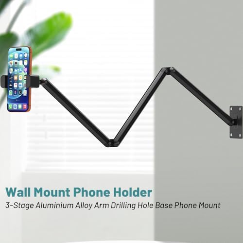 Wall Mount Phone Holder,Phone Holder for Desk Bed,3-Stage Aluminium iPhone Stand,Foldable Extendable Arms Heavy Duty Drilling Base,Compatible with 3.5~7.5" iPhone/HTC/LG/Huawei/Galaxy/Smartphones - Image 2