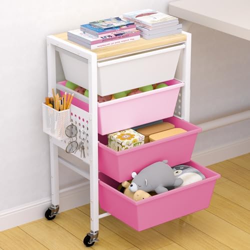 Rolling Cart with Drawers, Rolling Storage Cart with Large Plastic Drawers & Wooden Tabletop, Utility Cart with Pegboards & Basket, Storage Drawers Cart for Living Room, Classroom, Bedroom, Office by Unknown
