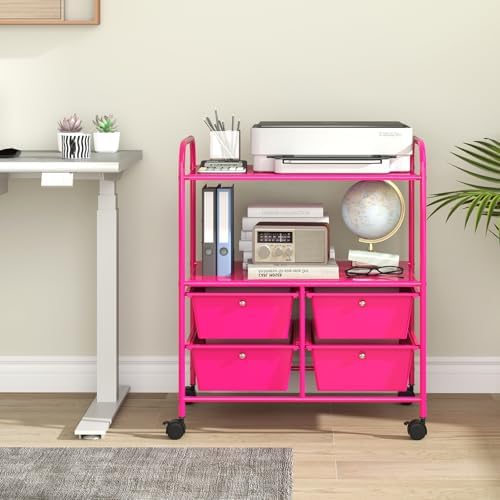 Giantex Rolling Storage Cart w/ 4 Drawers 2 Shelves Metal Rack Shelf Home Office School Beauty Salon Utility Organizer Cart with Wheels, Hot Pink - Image 2