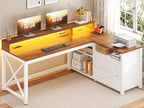 SEDETA Farmhouse L Shaped Desk, 55" Home Office Desk with Drawers and Storage Shelves, L Shaped Gaming Desk with LED Lights, Power Outlet and Monitor Shelf, Brown by SEDETA