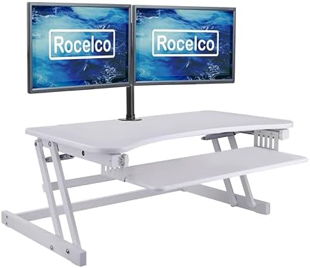 Rocelco 37.5" Height Adjustable Standing Desk Converter with Dual Monitor Mount and Slide Out Retractable Keyboard Tray - Sit Stand Up Double Screen Tabletop Riser Workstation - White (R DADRW-DM2) - Image 2