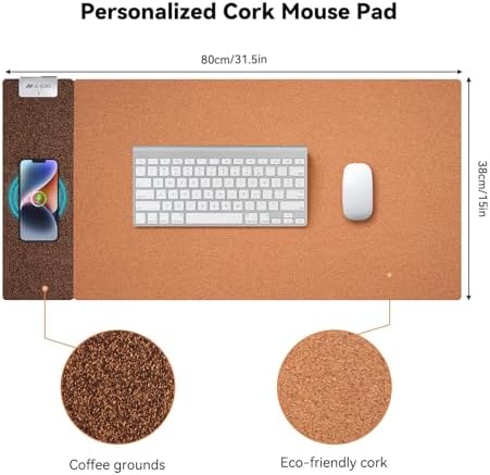 15W Wireless Charging Desk Mat, Cork Mouse Pad 31.5x15 - Image 5