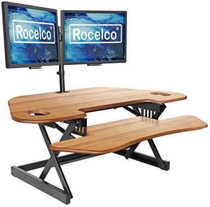 Rocelco 46" Height Adjustable Corner Standing Desk Converter with Dual Monitor Arm BUNDLE - Quick Sit Stand Up Computer Workstation Riser - Extra Large Keyboard Tray - Teak Wood Grain (R CADRT-46-DM2) - Image 2
