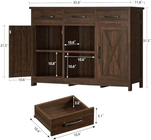 TEENFON Coffee Bar Cabinet with 3 Drawers, Farmhouse Buffet Cabinet - Image 3