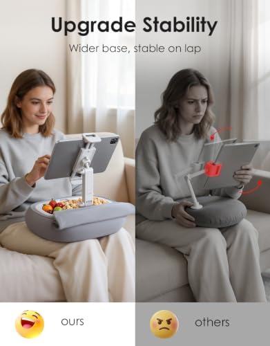 RIWUCT Tablet Pillow Stand for Bed, [Adjustable & Stable] Kindle Holder for 5-12.9" Phone/iPad/Tablet/E-Reader with 360° Rotating Clip & Snack Bowl, for iPad Stand Hands-Free Reading on Bed/Sofa, Gray - Image 2