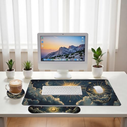 Celestial Moon Desk Mat Set Sun Star Vintage Sky Large Mouse Pad with Wrist Rest 4in1 Desk Mat for Desktop Ergonomic Computer Desk Arm Wrist Anti-Slip Computer Mouse Pad Home Office Gaming - Image 6