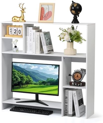 Modern Wooden Desktop Bookshelf Hutch, White Desk Organizer with 7 Shelves for Computer Desk, Vertical Storage for Small Desks, Home Office, Dorm by Unknown
