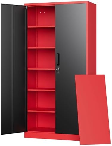 Letaya Metal Garage Storage Cabinets with Lock, 71" Tall Locker Organizer Steel Tool Cabinets,5 Adjustable Shelves 2 Doors for Home Office, Warehouse,Garage,Industrial,Employee (Black Red) by LetayaMetalCabinets