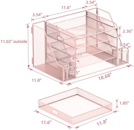 SUPEASY Mesh Desk Organizer with File Holder, 5-Tier Paper Letter Tray Organizer with Magazine Holder, Desktop Organizer and Storage with Drawer for Office Supplies Home or School (Pink) - Image 5