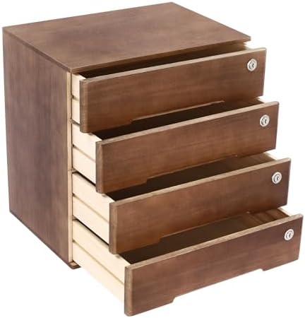 4 Drawers Wood Storage Box, Wooden Desktop Storage Box with Lockable Drawers Flat File Cabinet Multilevel Apothecary Cabinet for Office, Study 15.75 x 11 x 15.94 Inch - Image 5