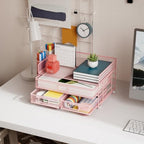 Marbrasse 3 Tier Mesh Desk Organizer with Drawer, Multi-Functional Desk Organizers and Accessories, Paper Letter Organizer with 2 Pen Holder for Home Office Supplies (Pink) - Image 2