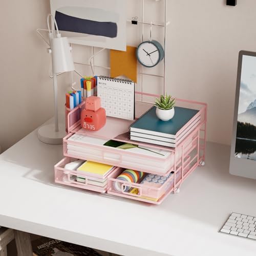 Marbrasse 3 Tier Mesh Desk Organizer with Drawer, Multi-Functional Desk Organizers and Accessories, Paper Letter Organizer with 2 Pen Holder for Home Office Supplies (Pink) - Image 2