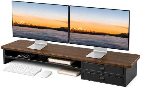 Dual Monitor Stand, 42.5 Inch Wood Monitor Riser with Drawers, 2 Tier Desktop Organizer for Computer Laptop TV, Large Screen Stand for Home Office Desk by ExaDesk