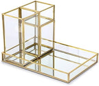 Hipiwe Set of 4 Gold Glass Makeup Brush Holder Organizer with Vanity Tray - Image 7