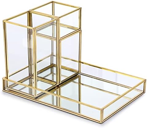 Hipiwe Set of 4 Gold Glass Makeup Brush Holder Organizer with Vanity Tray - Image 7
