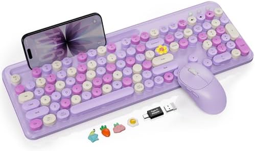 Wireless Keyboard and Mouse Combo, Purple, Round Keycaps, Tablet Holder by Trueque