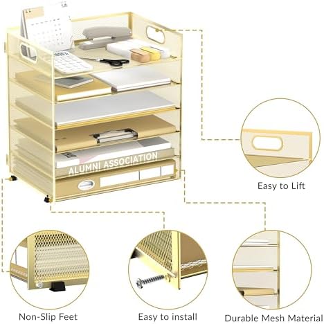 Daltack 6-Tier Paper Organizer for Desk with Handle, Gold, 2 Pack - Image 4