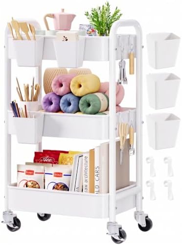 3 Tier Rolling Cart Metal with Wheels, White Three Tiered Carts on Wheels by Aofure